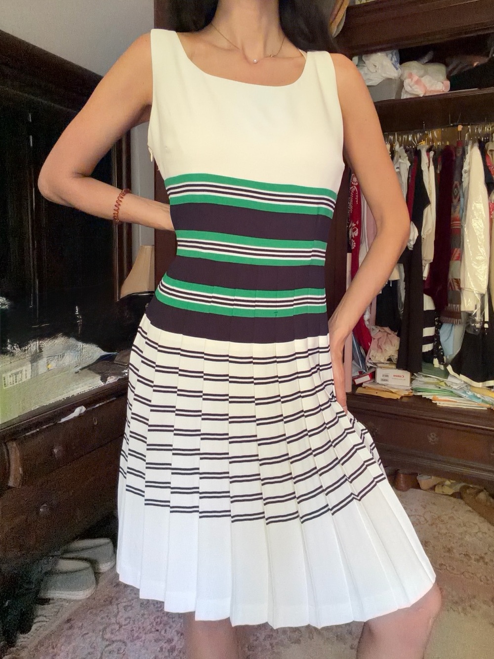 Taylor White Sleeveless Midi Dress with Black & Green Stripes